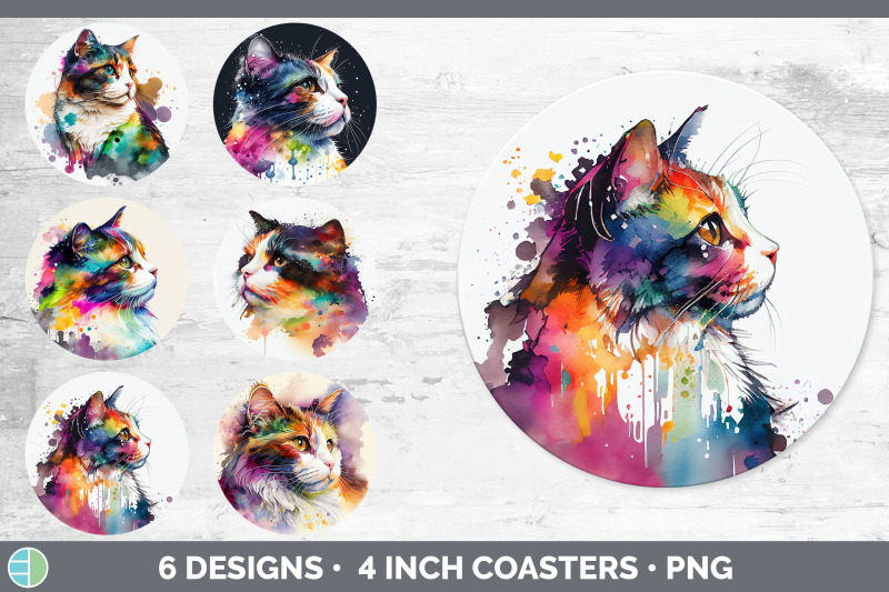 rainbow-calico-cat-round-coaster-sublimation-designs-bundle