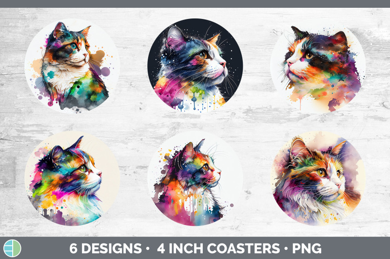 rainbow-calico-cat-round-coaster-sublimation-designs-bundle