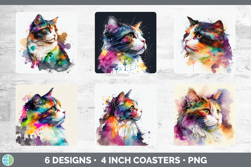 rainbow-calico-cat-square-coaster-sublimation-designs-bundle