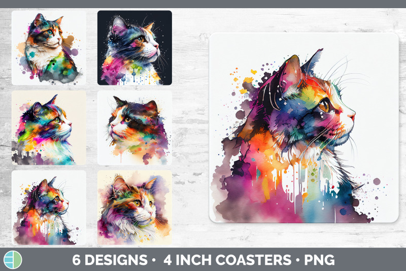 rainbow-calico-cat-square-coaster-sublimation-designs-bundle