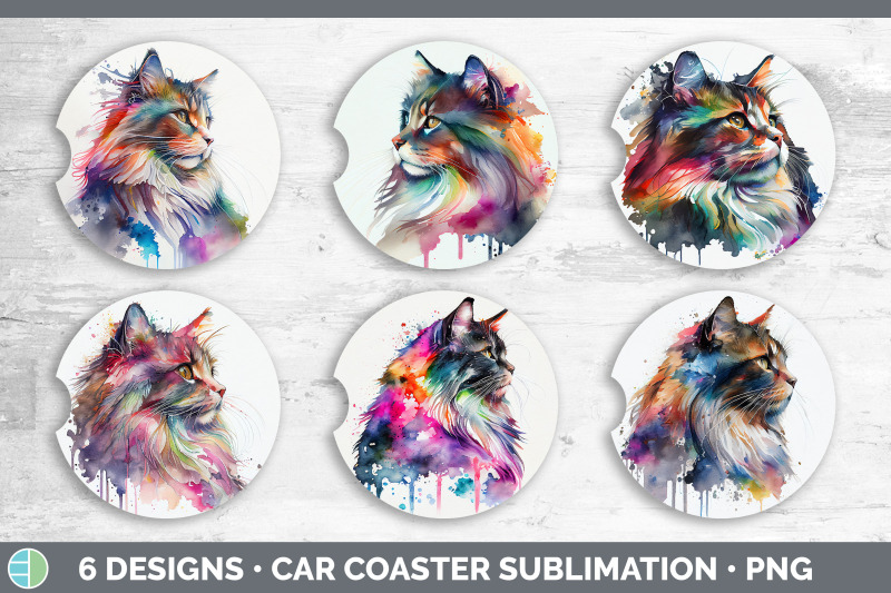 rainbow-norwegian-forest-cat-car-coaster-sublimation-designs-bundle