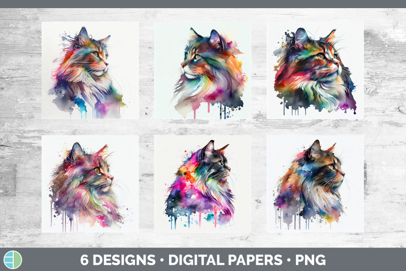 rainbow-norwegian-forest-cat-backgrounds-digital-scrapbook-papers