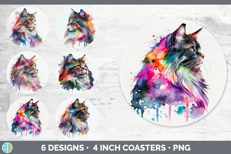 rainbow-norwegian-forest-cat-round-coaster-sublimation-designs-bundl