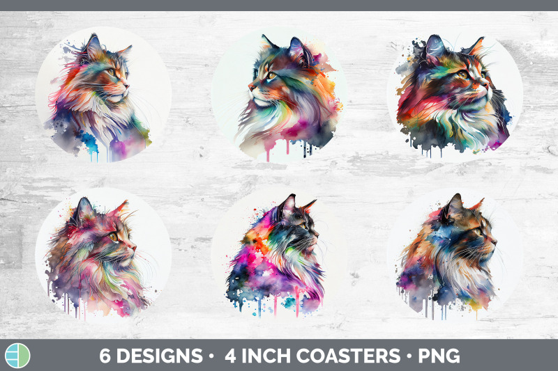 rainbow-norwegian-forest-cat-round-coaster-sublimation-designs-bundl