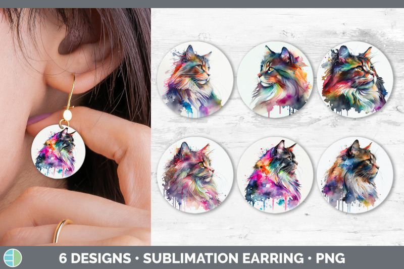 rainbow-norwegian-forest-cat-round-earring-sublimation-designs-bundl