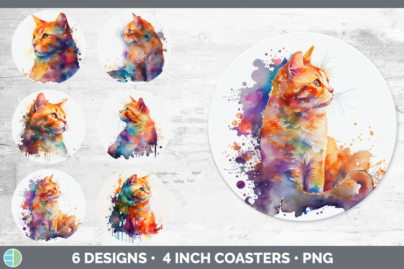 rainbow-orange-cat-round-coaster-sublimation-designs-bundle