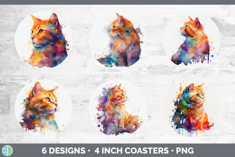 rainbow-orange-cat-round-coaster-sublimation-designs-bundle