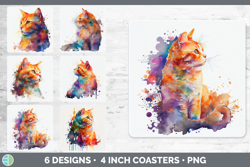 rainbow-orange-cat-square-coaster-sublimation-designs-bundle