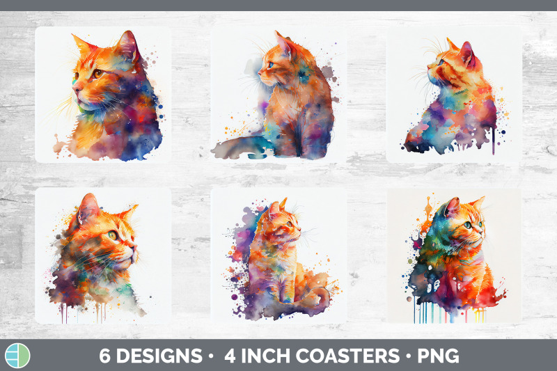 rainbow-orange-cat-square-coaster-sublimation-designs-bundle