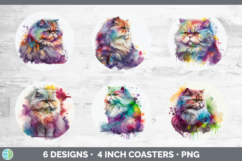 rainbow-persian-cat-round-coaster-sublimation-designs-bundle