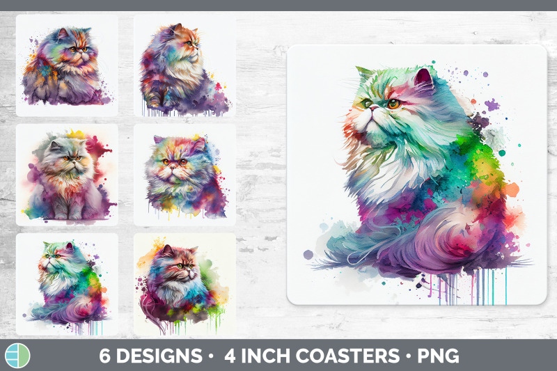 rainbow-persian-cat-square-coaster-sublimation-designs-bundle