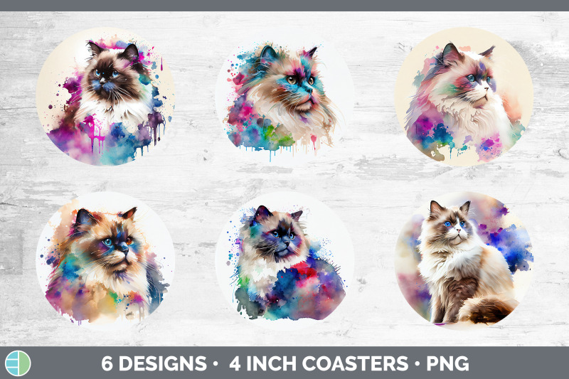 rainbow-ragdoll-cat-round-coaster-sublimation-designs-bundle