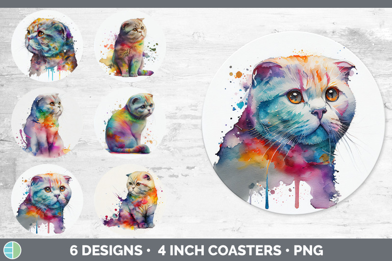 rainbow-scottish-fold-cat-round-coaster-sublimation-designs-bundle