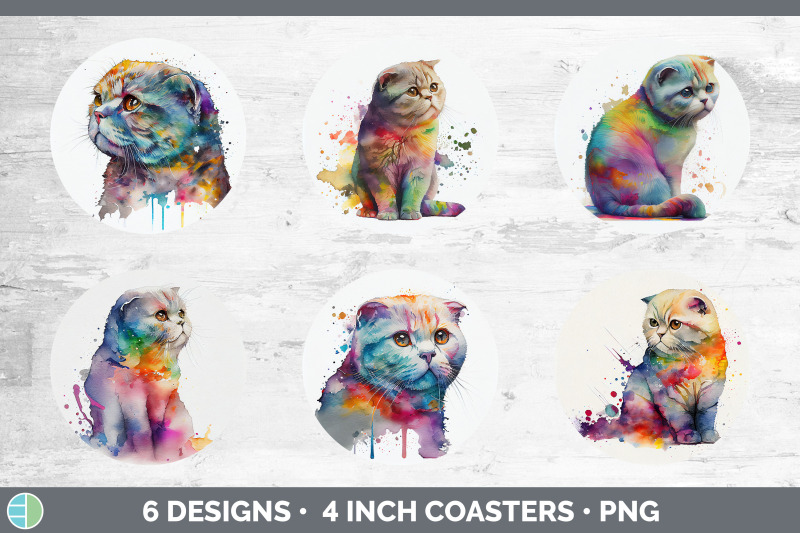 rainbow-scottish-fold-cat-round-coaster-sublimation-designs-bundle