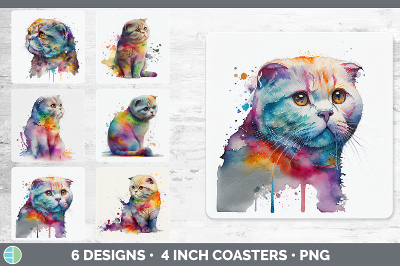 rainbow-scottish-fold-cat-square-coaster-sublimation-designs-bundle