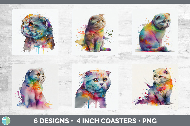 rainbow-scottish-fold-cat-square-coaster-sublimation-designs-bundle