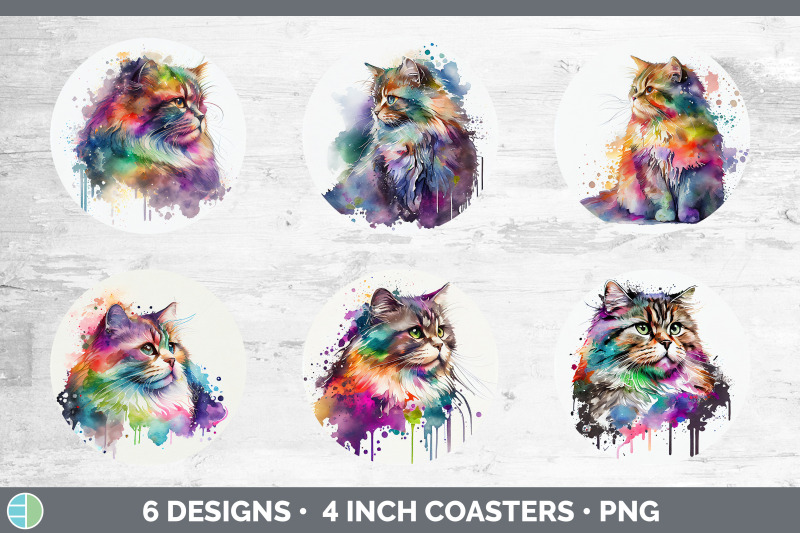 rainbow-siberian-cat-round-coaster-sublimation-designs-bundle