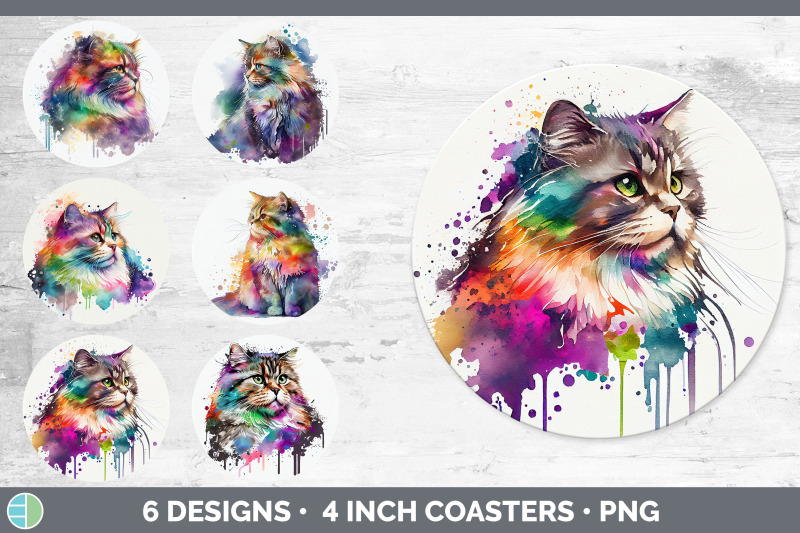 rainbow-siberian-cat-round-coaster-sublimation-designs-bundle