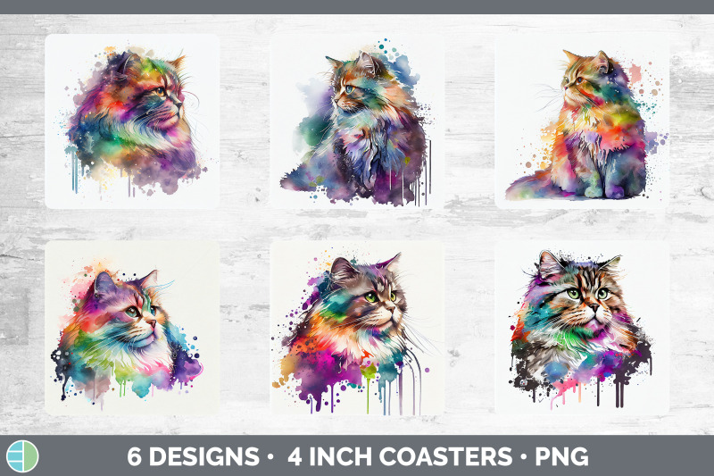 rainbow-siberian-cat-square-coaster-sublimation-designs-bundle