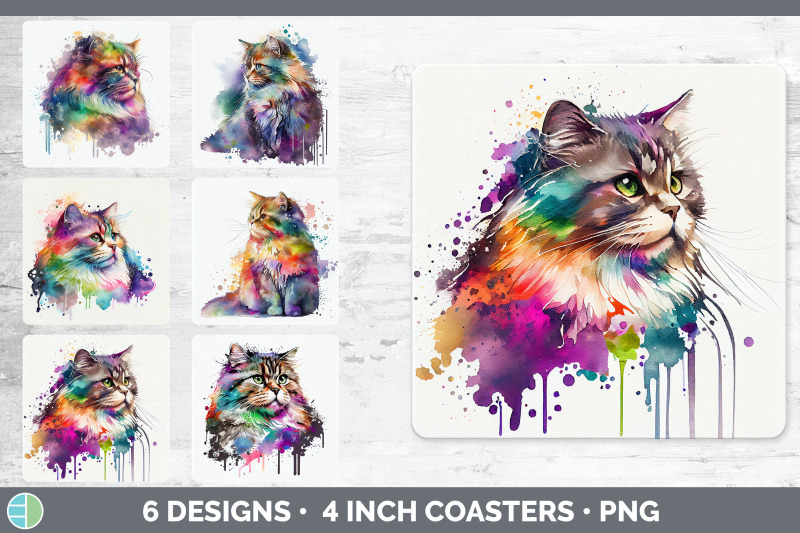 rainbow-siberian-cat-square-coaster-sublimation-designs-bundle