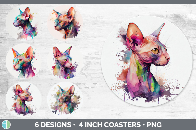 rainbow-sphynx-cat-round-coaster-sublimation-designs-bundle