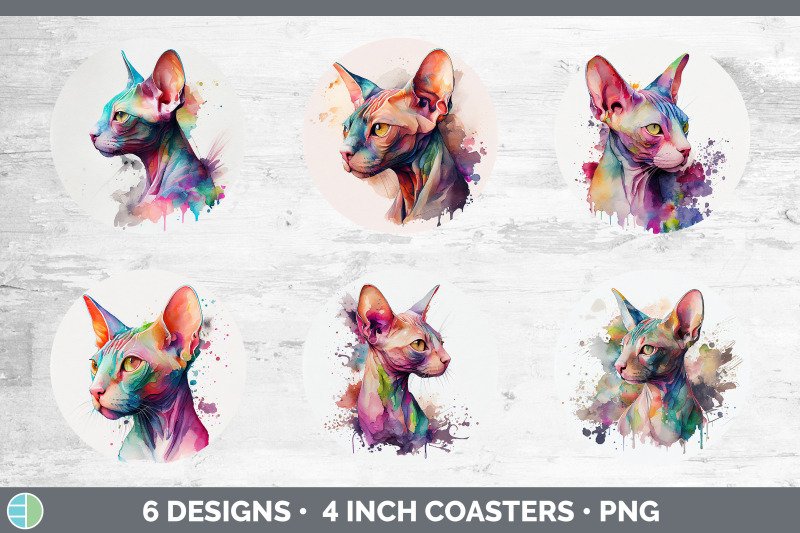 rainbow-sphynx-cat-round-coaster-sublimation-designs-bundle