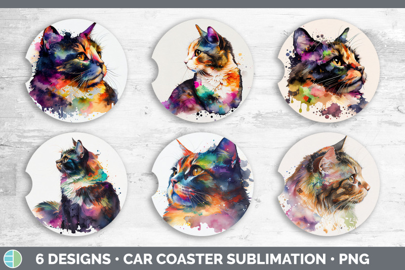 rainbow-tortoiseshell-cat-car-coaster-sublimation-designs-bundle