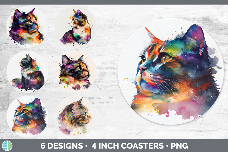 rainbow-tortoiseshell-cat-round-coaster-sublimation-designs-bundle