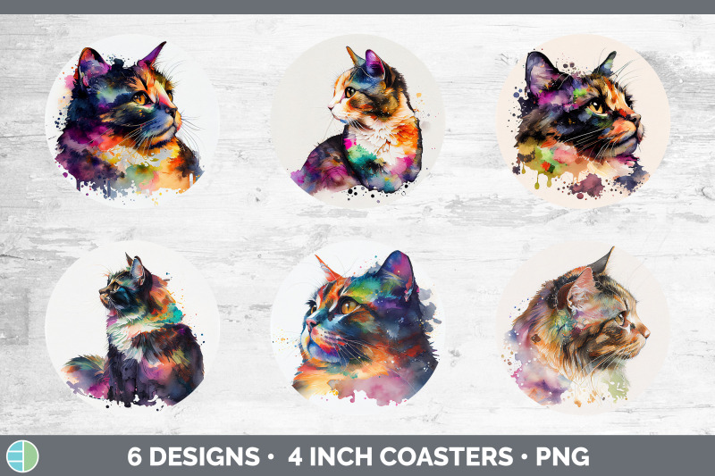 rainbow-tortoiseshell-cat-round-coaster-sublimation-designs-bundle