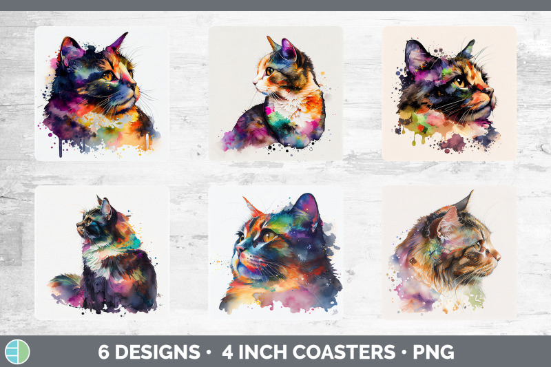 rainbow-tortoiseshell-cat-square-coaster-sublimation-designs-bundle