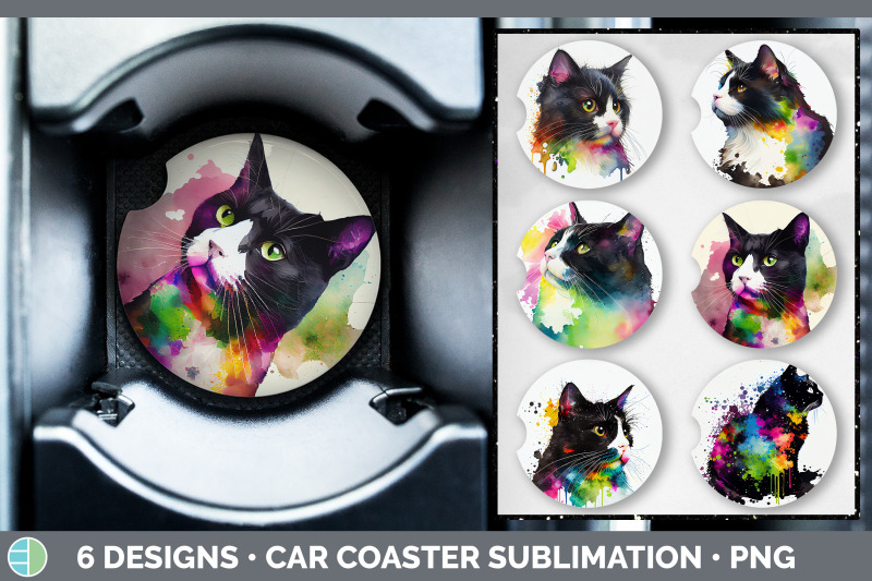 rainbow-tuxedo-cat-car-coaster-sublimation-designs-bundle