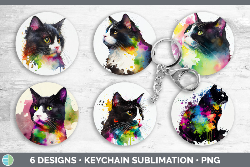 rainbow-tuxedo-cat-keychain-bundle-keyring-sublimation-designs