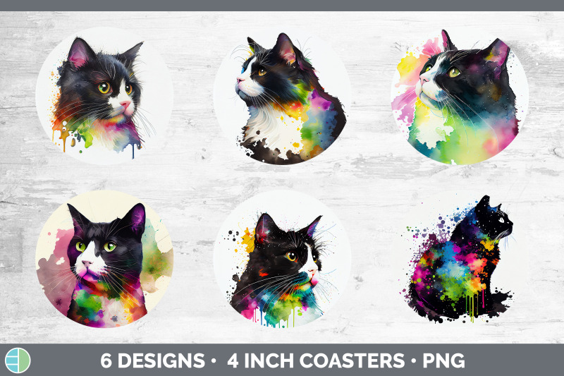 rainbow-tuxedo-cat-round-coaster-sublimation-designs-bundle