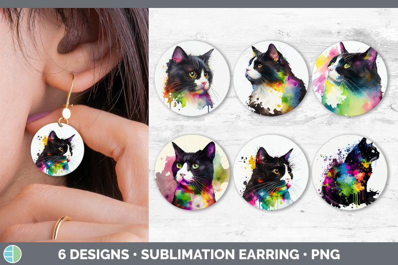 rainbow-tuxedo-cat-round-earring-sublimation-designs-bundle