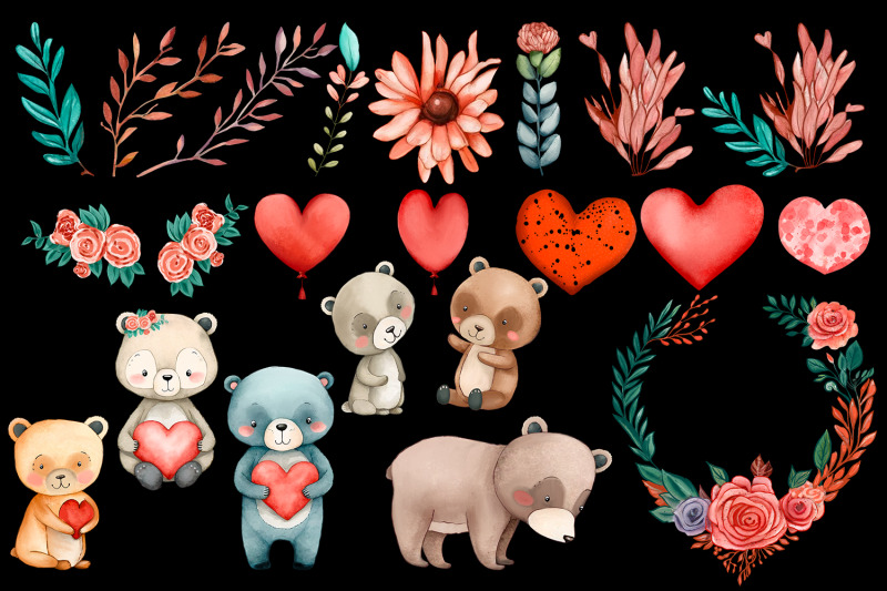 cute-bear-teddy-watercolor-clipart-mom-and-baby-bear-heart-cubs