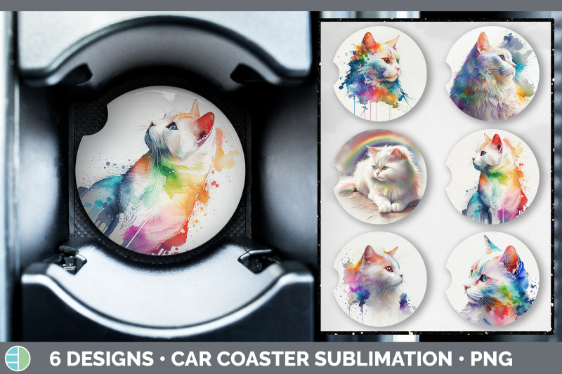 rainbow-white-cat-car-coaster-sublimation-designs-bundle