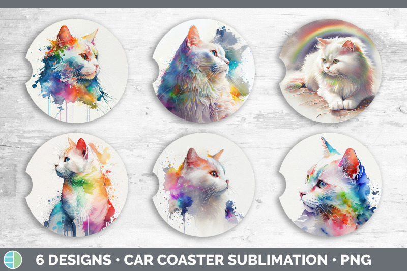 rainbow-white-cat-car-coaster-sublimation-designs-bundle