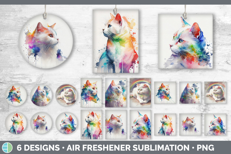 rainbow-white-cat-air-freshener-sublimation-designs-bundle