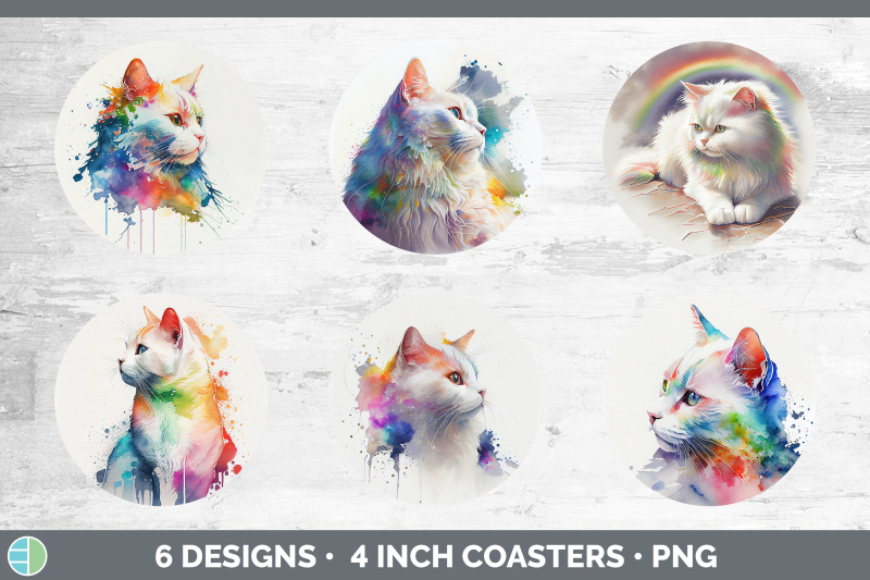 rainbow-white-cat-round-coaster-sublimation-designs-bundle