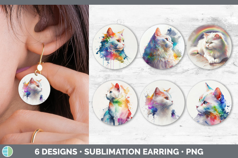 rainbow-white-cat-round-earring-sublimation-designs-bundle