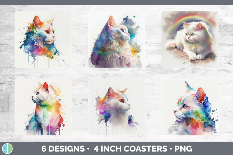 rainbow-white-cat-square-coaster-sublimation-designs-bundle