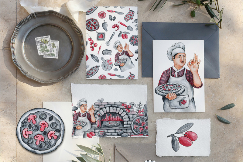 cook-chef-pizza-watercolor-clipart-kitchen-oven-digital-paper-seam