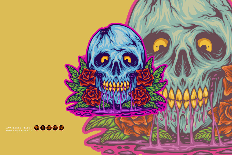 skull-head-floral-rose-illustrations