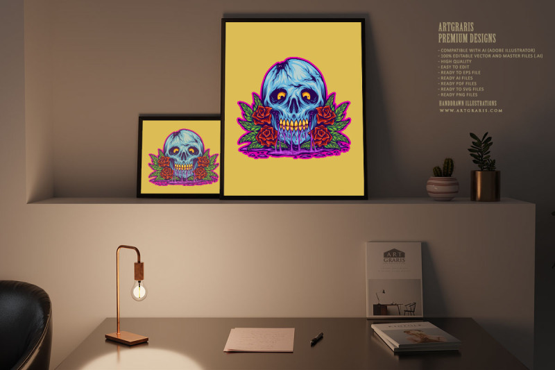 skull-head-floral-rose-illustrations