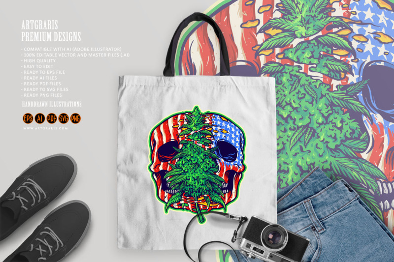 american-skull-head-cannabis-leaf-plant-illustrations