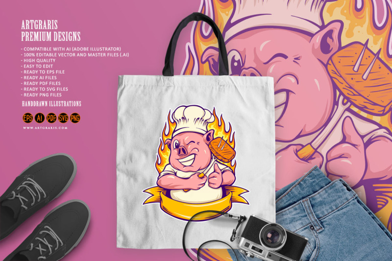 cute-piggy-chef-logo-ribbon-scroll-illustrations