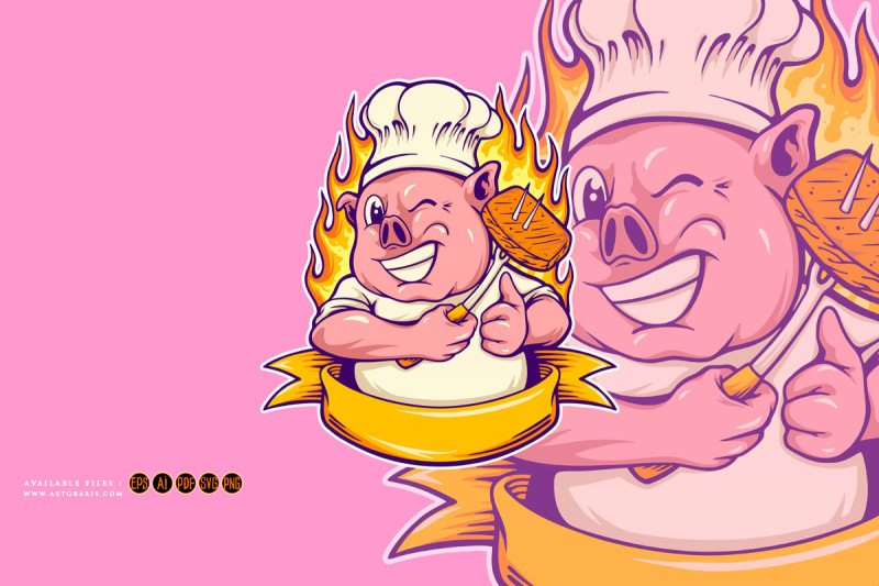 cute-piggy-chef-logo-ribbon-scroll-illustrations