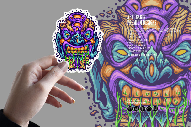Scary hawaiian tiki bar mask monster illustrations By artgrarisstudio ...