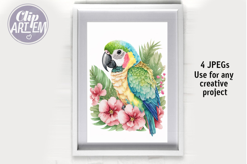 baby-macaws-parrots-tropical-flowers-4-jpeg-watercolor-wall-art-bundle