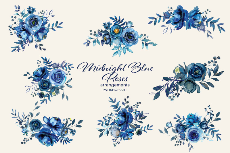 Watercolor Midnight Blue Floral Clipart By Patishop Art | TheHungryJPEG